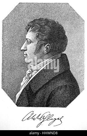 August Wilhelm Schlegel, wurde 8. September 1767 - 12. Mai 1845, ein deutscher Dichter, Übersetzer und Kritiker, Geschichtsbild oder Illustration, veröffentlicht 1890, digital verbessert Stockfoto