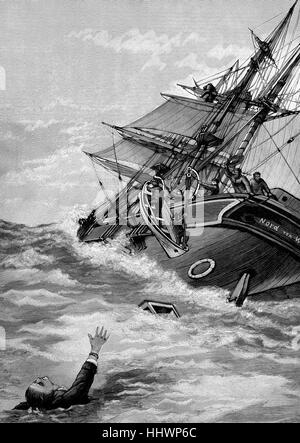 Mann über Bord, wird Schiff auf dem Meer während schwerer Sturm, das Boot zu retten, Geschichtsbild oder Abbildung veröffentlicht 1890, digital verbessert gerettet Stockfoto