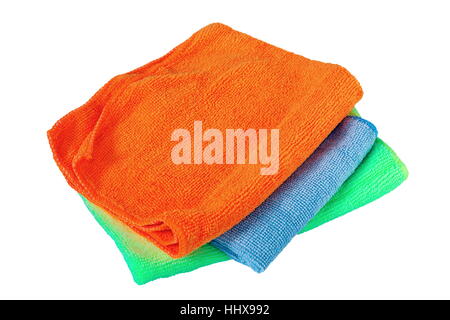 Stapel von drei Handtücher isoliert auf weißem Hintergrund (Orange, blau, grün) Stockfoto