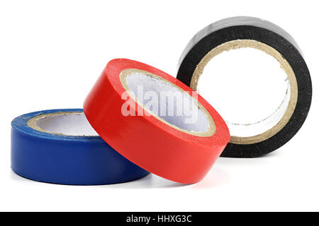 verschiedene farbige Isolierbänder isoliert auf weißem Hintergrund Stockfoto