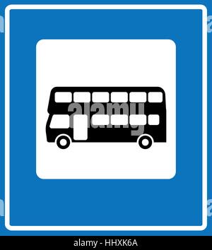Vektor-schwarze Silhouette London Doppeldecker Bus Symbol in weißes Quadrat auf blauem Hintergrund isoliert. Vektor-Stopp-Bus Station Symbol für Straße, Verkehr, p Stock Vektor