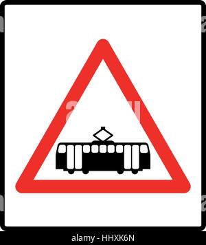 Straßenbahn-Symbol im roten Dreieck isoliert auf weiss. Straßenbahn Vektor isoliert auf weißem Hintergrund. Flache Vektor Illustration, schwarze Silhouette. Bahnhof zu stoppen. Kreuz Stock Vektor