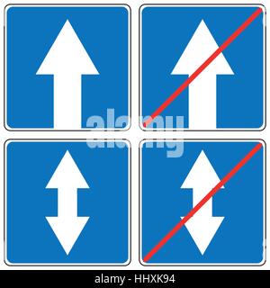 Vor nur, ein Weg Verkehrszeichen, Drive Straight Arrow Verkehr Vektor-Illustrationen. Satz von Pfeil-Verkehrszeichen Stock Vektor