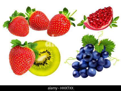 Granatapfel, Erdbeeren, Kiwi, Trauben, die auf dem weißen Hintergrund isoliert Stockfoto