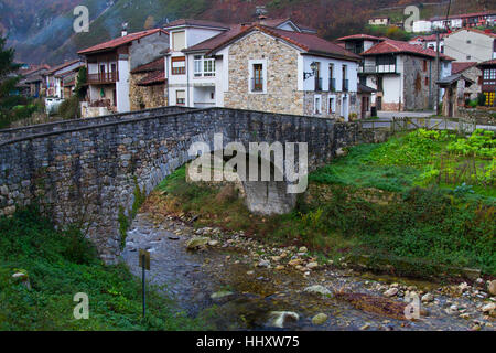 Dorf und Brücke. Stockfoto