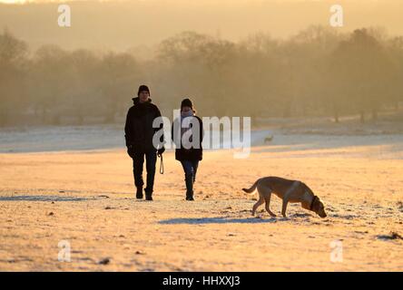 Wanderer im Richmond Park, London als Großbritannien wachte Hund zu einem kalten Wochenende mit weit verbreiteten Frost verursachen gefährliche Fahrbedingungen. Stockfoto