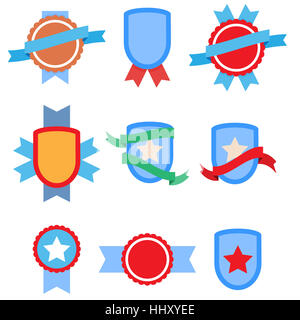 Flache Vintage Abzeichen set Vektor. Sterne und Schild Aufkleber, Etiketten und Abzeichen Emblem mit Multifunktionsleiste illustration Stockfoto
