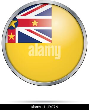Vektor Niuean Schaltfläche melden. Niue Fahne im Glas-Knopf-Stil mit Metallrahmen. Stock Vektor