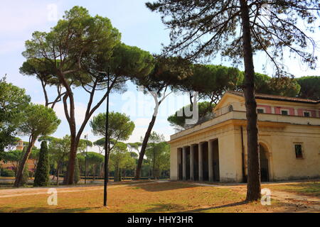 Schirmpinien und ein Gebäude in der Villa Borghese, Rom, Italien Stockfoto