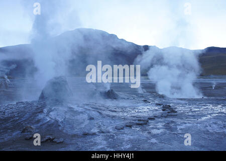 Sprudelnde, dampfende Geysire in del Tatio Geysire, Atacama-Wüste, Chile Norte Grande Stockfoto