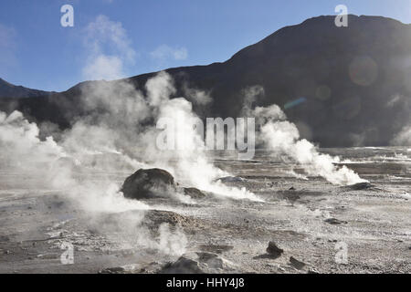 Sprudelnde, dampfende Geysire in del Tatio Geysire, Atacama-Wüste, Chile Norte Grande Stockfoto