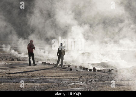 Sprudelnde, dampfende Geysire in del Tatio Geysire, Atacama-Wüste, Chile Norte Grande Stockfoto