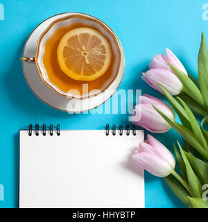 Quadratische Notizblock auf Federn mit weißen Kraftpapier, rosa Tulpen und Tasse Tee sind auf blauem Grund. Exemplar Stockfoto