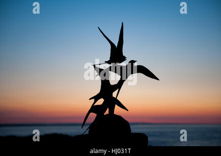 Eine Bronzeskulptur von Seeschwalben Brid NI Rinn in Skerries Hafen an einem Abendzeit in Irland Stockfoto