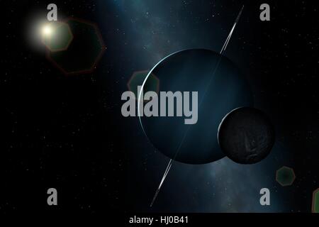 Einen Eindruck von den grünen Eis riesigen Planeten, Uranus und seinem Innersten erhebliche Mond, den gebrochenen Miranda. Uranus ist der siebte Planet in der Reihenfolge ihrer Entfernung von der Sonne umkreist in einer mittleren Entfernung von 2,85 Milliarden km. Es ist ungewöhnlich, dass es eine sehr blasse, fast strukturlose Atmosphäre und eine axiale Neigung in der Nähe von 100 Grad hat. Mirandas ungerade Oberfläche, einschließlich der höchsten Klippe im bekannten Sonnensystem legt nahe, dass die Welt bei einer Kollision auseinander gebrochen war und später wieder zusammengesetzt. Stockfoto