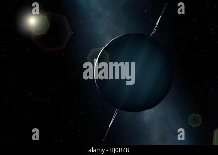 Einen Eindruck von den grünen Eis riesigen Planeten, Uranus. Uranus ist der siebte Planet in der Reihenfolge ihrer Entfernung von der Sonne umkreist in einer mittleren Entfernung von 2,85 Milliarden km. Es ist ungewöhnlich, dass es eine sehr blasse, fast strukturlose Atmosphäre und eine axiale Neigung in der Nähe von 100 Grad hat. Stockfoto