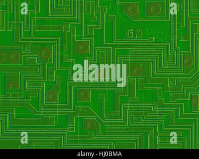 Farbige scanning Electron Schliffbild (SEM) von Computer-Chip (Mikrochip, Mikroprozessor, integrierter Schaltkreis) Oberfläche. Mikrochips sind Solid-State-Silizium-Halbleiter-Bauelementen, die große Datenmengen verarbeiten können. Sie sind der zentrale Teil von Geräten wie Computern. Diese integrierte Schaltung erzielt worden durch Prägung mikroskopisch kleine elektronische Bauteile auf der Oberfläche von einem Silizium-Wafer. Integrierte Schaltungen können viel kleiner als integrierte Schaltungen erfolgen. Vergrößerung: X30 wenn kürzeste Achse bei 25 Millimetern gedruckt. Stockfoto