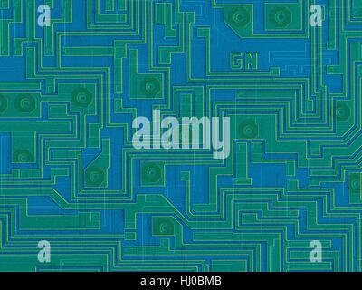 Farbige scanning Electron Schliffbild (SEM) von Computer-Chip (Mikrochip, Mikroprozessor, integrierter Schaltkreis) Oberfläche. Mikrochips sind Solid-State-Silizium-Halbleiter-Bauelementen, die große Datenmengen verarbeiten können. Sie sind der zentrale Teil von Geräten wie Computern. Diese integrierte Schaltung erzielt worden durch Prägung mikroskopisch kleine elektronische Bauteile auf der Oberfläche von einem Silizium-Wafer. Integrierte Schaltungen können viel kleiner als integrierte Schaltungen erfolgen. Vergrößerung: X30 wenn kürzeste Achse bei 25 Millimetern gedruckt. Stockfoto