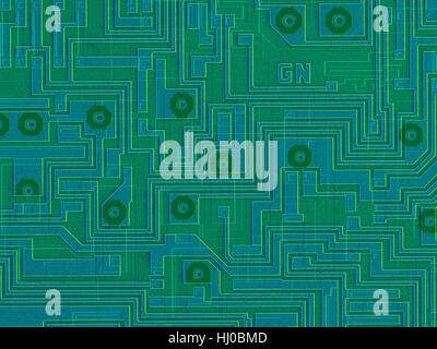 Farbige scanning Electron Schliffbild (SEM) von Computer-Chip (Mikrochip, Mikroprozessor, integrierter Schaltkreis) Oberfläche. Mikrochips sind Solid-State-Silizium-Halbleiter-Bauelementen, die große Datenmengen verarbeiten können. Sie sind der zentrale Teil von Geräten wie Computern. Diese integrierte Schaltung erzielt worden durch Prägung mikroskopisch kleine elektronische Bauteile auf der Oberfläche von einem Silizium-Wafer. Integrierte Schaltungen können viel kleiner als integrierte Schaltungen erfolgen. Vergrößerung: X30 wenn kürzeste Achse bei 25 Millimetern gedruckt. Stockfoto