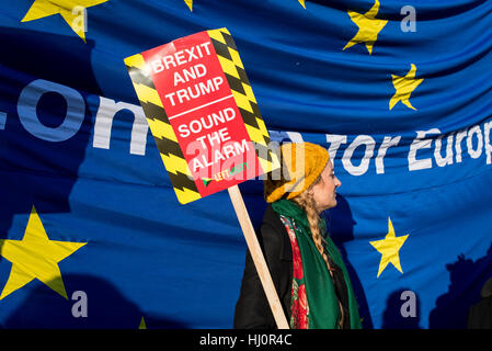 London, UK - 21. Januar 2017. Demonstranten halten anti-Austritt und anti-Trump unterzeichnen vor EU-Flagge steht. Tausende von Demonstranten versammelten sich am Trafalgar Square, Frauen Demonstration gegen Donald Trump für Menschenrechte und Gleichberechtigung zu besuchen. Stockfoto