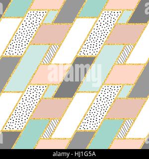 Abstrakte nahtlose geometrische Komposition in grau, weiß, Glitter Gold, Pastell rosa und blau. Von Hand gezeichnete Linie, Dots Muster und geometrische Elemente. Stilvolle abstrakte Design Plakat, Abdeckung, Kartendesign. Stock Vektor
