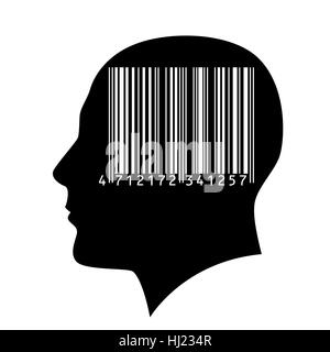 Kopf eines Mannes mit einem Barcode versehen. Abbildung auf weißem Hintergrund. Stockfoto