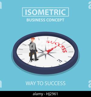 Isometrische Geschäftsmann stehend auf Kompass, auf Erfolg Weg, Motivation-Konzept Stock Vektor