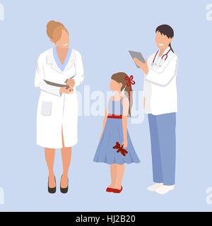 Frau Doktor Kinderarzt untersucht ein Kind. Fragen sie über Gesundheitsfragen. Flache Vektor-Illustration isoliert auf weißem Hintergrund. Stock Vektor
