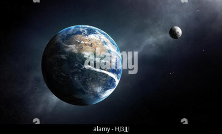 Erde und Mond im Raum mit der Milchstrasse (Elemente von diesem 3D Render eingerichtet von der NASA - Texture-Map von http://visibleearth.nasa.gov) Stockfoto