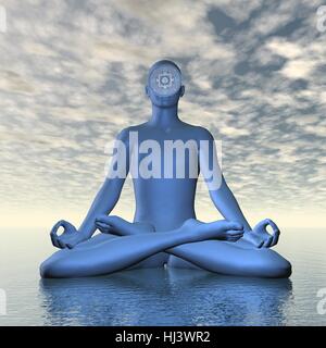 Silhouette eines Mannes meditieren mit tiefblauen Ajna oder drittes Auge Chakra Symbol auf Ozean im bewölkten Hintergrund - 3D render Stockfoto