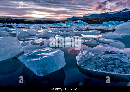 Eisberge entlang der Ufer der Jökulsárlón Gletscherlagune Verlauf einer blauen bewölkten Tag bewegungslos während umrahmt von einer kalten Ozeanwasser. Stockfoto