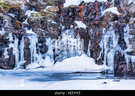 Ein gefrorenen Fluss im Hochland von Island eingerahmt von Pastell Himmel und zerklüftete Gelände bietet landschaftlich Inbegriff der gefrorenen Wildnis. Stockfoto