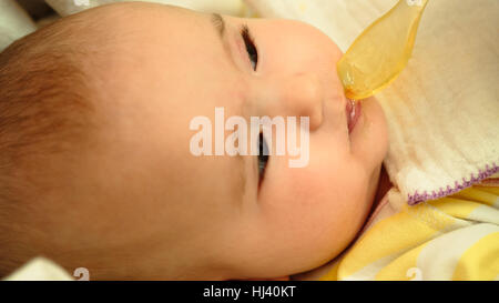 Mutter füttert ihr kleines Kind Baby Püree mit Löffel Stockfoto