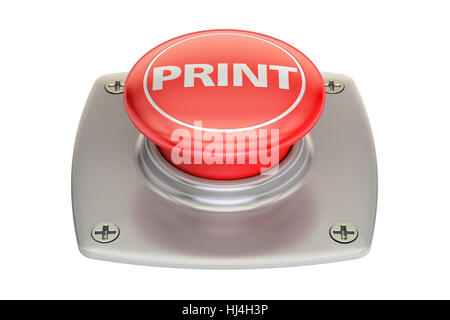 Drucken Sie roten Knopf, 3D-Rendering isolierten auf weißen Hintergrund Stockfoto