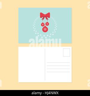 Frohes neues Jahr und Frohe Weihnachten Postkarte flache Bauweise, Schnee Kranz mit roten Band und Kugeln Vektor-illustration Stock Vektor