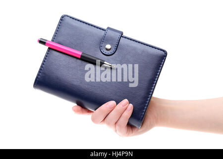 Hand mit blauem Leder Notebook isoliert auf weißem Hintergrund Stockfoto