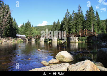 Holzbrücke über den Fluss Vydra im Böhmerwald (Nationalpark Sumava) - Süd-Böhmen, Tschechische Republik Stockfoto