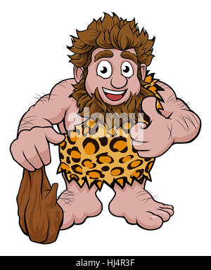 Eine niedliche Höhlenmensch Cartoon-Figur in einer Tierhaut geben einen Daumen nach oben und halten einen Club. Stockfoto