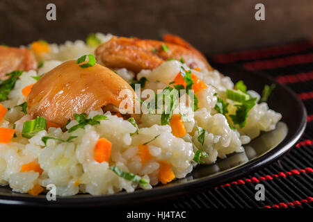 Pilaw - rumänische traditionelle Gerichte mit Huhn, Reis und Gemüse auf dunklem Hintergrund aus Stockfoto