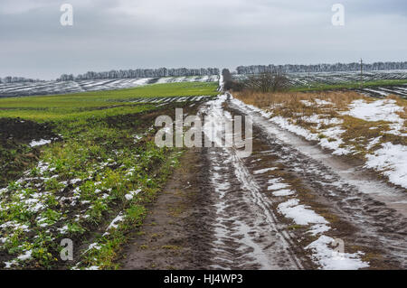 Landschaft mit einer Erde-Straße zwischen landwirtschaftlichen Feldern unter dem ersten Schnee in der Ukraine zu spät herbstlichen Jahreszeit Stockfoto