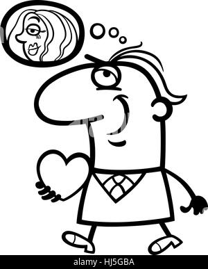 Schwarz / Weiß Cartoon Illustration der lustige Mann zu Fuß mit seinen Valentine und denken über Frauen, die er liebt, für den Valentinstag Stockfoto