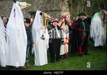 Chepstow, UK. 21. Januar 2017. Mari Lwyds montieren für Wassail an die Apfelbäume in den unteren Dell, Schloss der Mari-Lwyd ist eine walisische Winter erste Halt Tradition, die viele Jahrhunderte zurückreicht. Die Mari ist ein eingerichtet, ein Pferd Schädel, die von Haus zu Haus getragen wird oder Kneipe von Mari Lwyd Gruppe von Künstlern, die versuchen, Zutritt für Speisen und Getränke durch Lied, Reim und Rätsel namens Òthe PwncoÓ, ein Reim/Song-Kampf zwischen der Mari-Gruppe und die Bewohner des Hauses/Pub. Bildnachweis: Mark Lewis/Alamy Live-Nachrichten Stockfoto