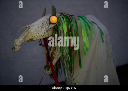 Chepstow, UK. 21. Januar 2017. Mari Lwyd Llansteffan The Mari-Lwyd ist eine walisische Winter erste Halt Tradition, die viele Jahrhunderte zurückreicht. Die Mari ist ein eingerichtet, ein Pferd Schädel, die von Haus zu Haus getragen wird oder Kneipe von Mari Lwyd Gruppe von Künstlern, die versuchen, Zutritt für Speisen und Getränke durch Lied, Reim und Rätsel namens Òthe PwncoÓ, ein Reim/Song-Kampf zwischen der Mari-Gruppe und die Bewohner des Hauses/Pub. Bildnachweis: Mark Lewis/Alamy Live-Nachrichten Stockfoto