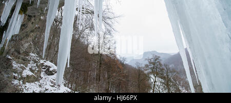 Bad Urach, Deutschland. 26. Januar 2017. Urach Wasserfall ist in Bad Urach, Deutschland, 26. Januar 2017 zu Eis erstarrt. Die Hohenurach, die Burgruine kann im Hintergrund zu sehen. Foto: Franziska Kraufmann/Dpa/Alamy Live News Stockfoto