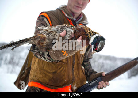 Spokane, WA, USA. 23. Dezember 2016. Kit Conklin und Keith Conklin jagen Fasan Jagd in der Nähe von Spokane, Washington Vater und Sohn Duo hatten guten Erfolg in den schneebedeckten Bedingungen entlang der Palouse-Landschaft. Jagten über Vogelhunde mit halb automatische Bräunung und Pumpe Remington Schrotflinten und trugen erste Lite Jagdbekleidung. Bildnachweis: Jed Conklin/ZUMA Draht/Alamy Live-Nachrichten Stockfoto