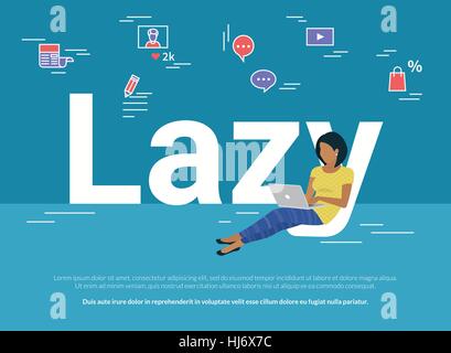 Frau sitzt mit Laptop auf Briefe faul und Arbeitsbedingungen Stock Vektor