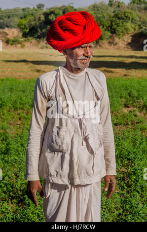 Closeup Portrait einer Rajasthani älterer Bürger in seiner Farm das Tragen der roten traditionellen Turban Stockfoto