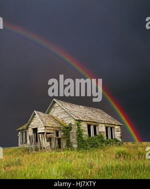 Eine lange aufgegeben, Depression-Ära Bauernhaus in Wyoming Ebenen unter einem stürmischen Sommerhimmel und Regenbogen Stockfoto