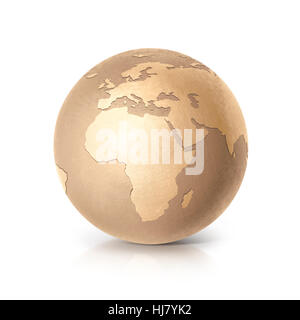 Golden Globe 3D-Illustration Europa und Afrika Karte auf weißem Hintergrund Stockfoto