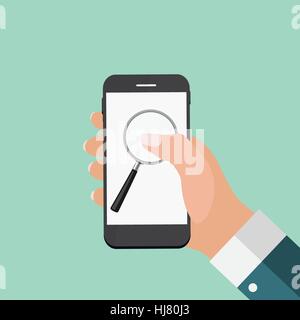 Hand mit abstrakten Telefon und Suchsymbol. Vorlage in modernen Fla Stock Vektor